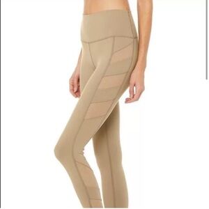 Alo Yoga Block Mesh Stripe Side Detail High Waist Leggings Beige Sz XS Outdoor